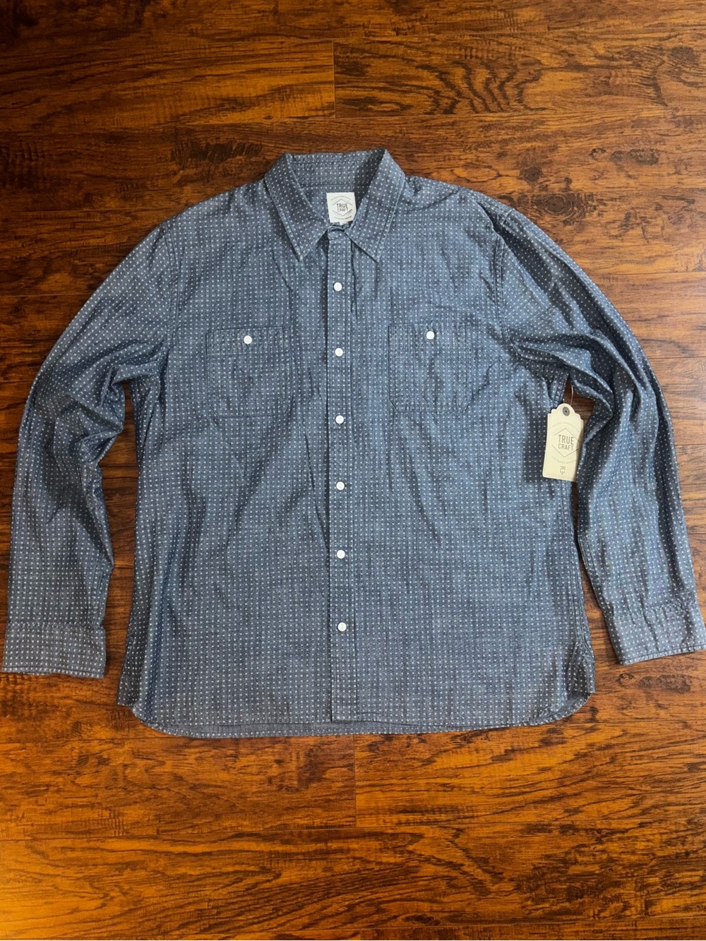 True Craft NWT Long Sleeve Button-Down Shirt Blue Grid Pattered 100% Cotton